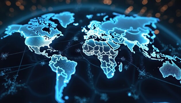 Global network map with interconnected lines showing world economy. Digital rendering of earth globe, concept of global finance, trade, business. Technology background with communication networks.