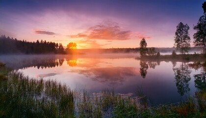 Obraz premium misty lake with calm water reflecting sky serene sunrise