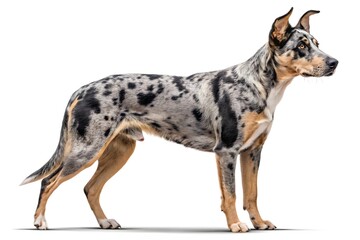 A cute, brown and black mixed breed pup, a small Great Dane, and an isolated terrier sit on a white background