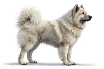 Cute white malamute puppy, a young domestic canine, isolated studio portrait