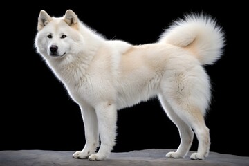 Cute white puppy, husky, and Akita-like dogs sitting, happy pets