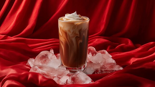 Delicious Iced Coffee Drink with Whipped Cream on Red Velvet Background Studio Photography Professional Food Image High Resolution Beverage Photography Cold Coffee Mocha Coffee Drink Recipe milk cool 