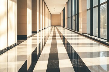 Fototapeta premium Modern, empty hallway with large windows and striped marble flooring. Sunlight streams through, highlighting the polished surfaces