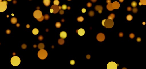 Abstract gold bokeh lights on black. Perfect for festive designs, backgrounds, and more!