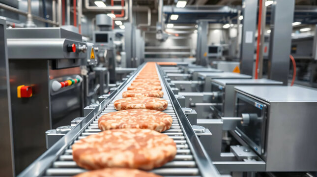 Burger meat on production line in factory, manufacturing, food processing, assembly line