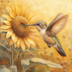 Obraz premium Hummingbird Approaching Bright Sunflower in Warm Natural Setting