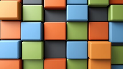 A modern abstract digital artwork featuring diagonal rectangular blocks in vibrant colors, such as orange, green, and blue, against a solid black background.