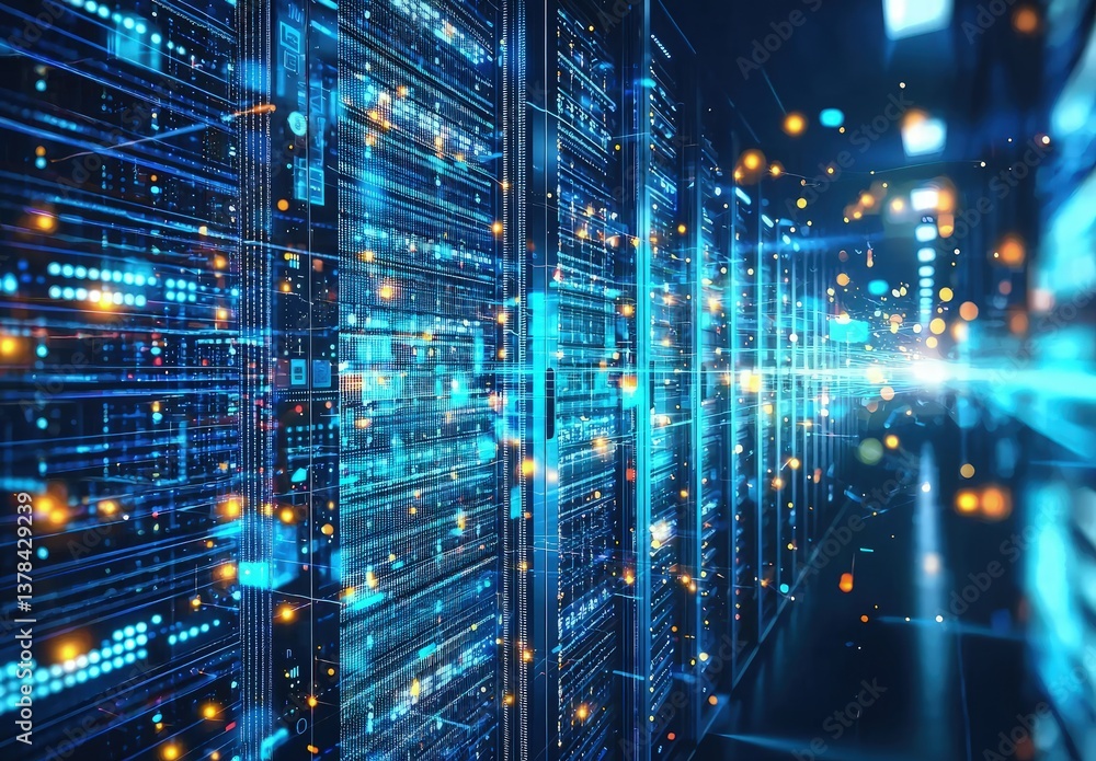 Poster high-tech data center interior with vibrant blue servers and glowing data streams, ideal for illustr