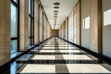 Obraz premium Modern, sunlit hallway with expansive windows