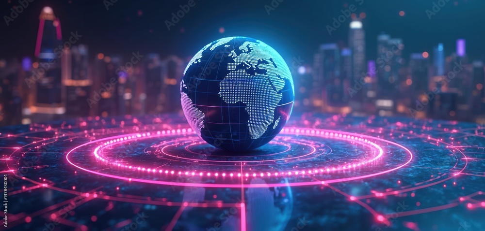Poster digital rendering of metaverse cyberspace. globe in neon light, surrounded by glowing rings, interco