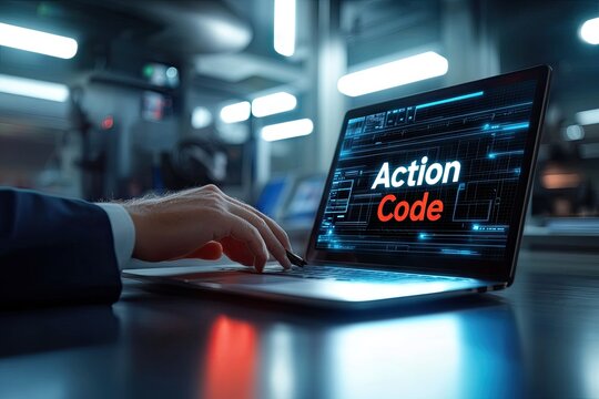 Person working on a laptop displaying action code in a modern industrial setting