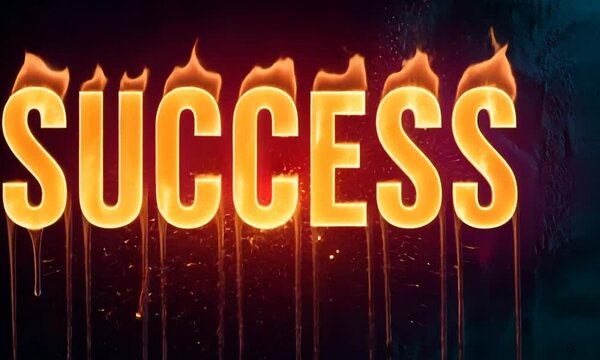 Glowing word "SUCCESS" in bold yellow letters on red background with particles and light rays. Concept of motivation and achievement