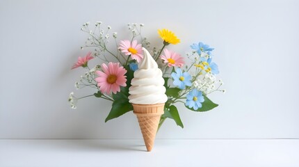 a soft serve ice cream cone with spring flowers in the back, space for copy