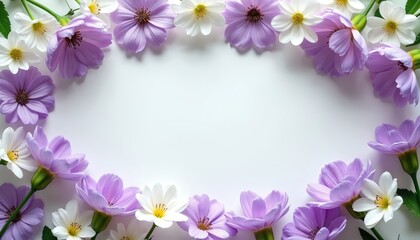 Close-up of frame border made from purple, white flowers on white background. Floral arrangement, perfect for weddings, invitations, greeting cards, spring season designs, mother day. Beautiful