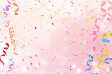 Vibrant colorful confetti and curled ribbons falling against soft beige background. Festive celebration scene with flying paper streamers creating joyful atmosphere perfect for party announcements.