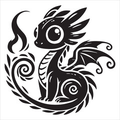 Baby Dragon vector silhouette, simple black an white baby dragon vector silhouette isolated on a white background, Cute dragon coloring page vector art illustration coloring book design