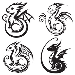 Obraz premium Baby Dragon vector silhouette, simple black an white baby dragon vector silhouette isolated on a white background, Cute dragon coloring page vector art illustration coloring book design