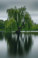 Beautiful Weeping Willow Tree Reflected in Calm Water, Nature Landscape with Serene Atmosphere.
