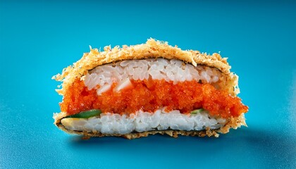 hot tempura onigirazu with salmon mousse on blue background onigirazu is sushi sandwich or burger roll