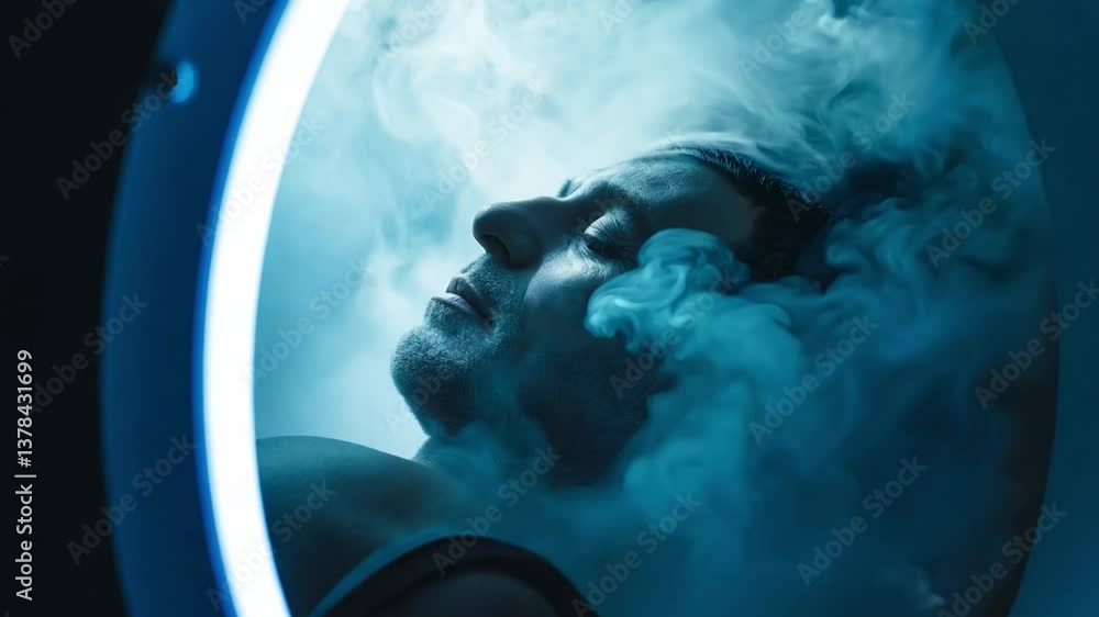 Poster this person is in a state of suspended animation within a high-tech chamber showcasing future cryoni