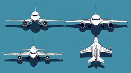 airplane in the sky. Vector airplane icons. Passenger plane, fighter plane and