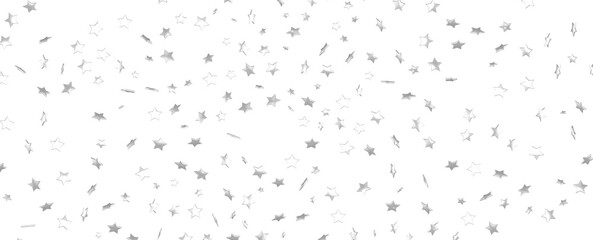 Abstract pattern of random falling silver stars on white background.