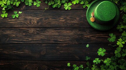Green hat and shamrocks border a dark wooden surface background. Perfect for Saint Patrick's Day or Irish themed designs.