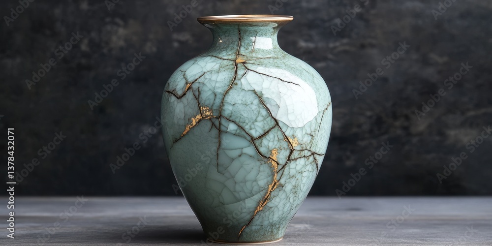 Poster a green vase with gold trim sits on a table. the vase has a unique design with a crack running throu