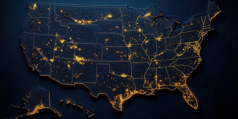 USA map with night gold light