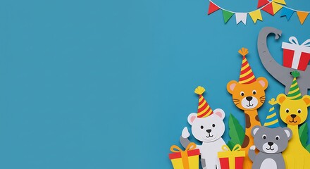 Fototapeta premium Cute Animal Birthday Party Paper Craft Background
