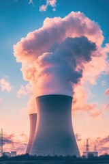 a power plant at sunset, with clouds in the sky and smoke coming out from the chimneys