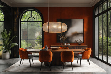 Salle à manger tendance avec murs ocres, grandes fenêtres cintrées, suspension ovale dorée, table bois et chaises en velours orange, ambiance chaleureuse et végétale