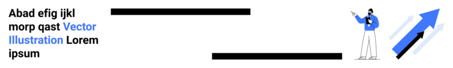 Obraz premium Person in blue presenting next to upward arrow indicating progress and achievement. Ideal for business, statistics, success, leadership, training, strategy, simple landing page