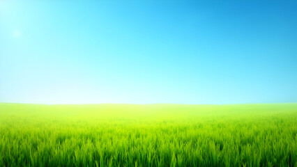 Fototapeta premium Vibrant Green Grass Field Under a Clear Blue Sky, Serene Spring Landscape, Open Horizon, Ideal for Backgrounds and Stop Photography Composites, Evoking Freshness and Nature.