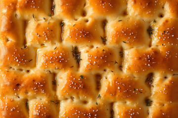 Macro view of a golden brown focaccia with sea salt, rosemary and olive oil