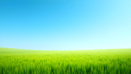Vibrant Green Grass Field Under a Clear Blue Sky, Serene Spring Landscape, Open Horizon, Ideal for Backgrounds and Stop Photography Composites, Evoking Freshness and Nature.