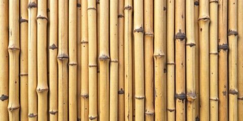 Naklejka premium A Detailed Close-Up View of a Textured Wall Constructed from Numerous Vertical, Pale Yellow-Beige Bamboo Poles