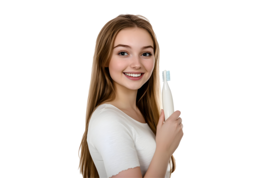 Smiling Young Woman Brushing Teeth With Electric Brush Isolated Photo