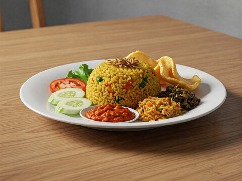 Nasi Tempong, an Indonesian food on a white plate.
