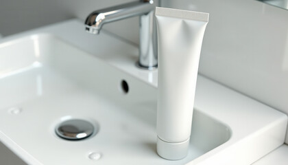 Fototapeta premium Toothpaste tube mockup. Minimalist toothpaste packaging mockup near sink in clean bathroom setting.