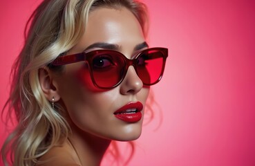 Fototapeta premium Glamorous blonde woman in sunglasses, red lips against pink background. Fashion portrait of beautiful female with bright makeup, stylish accessory. Confident look, modern style, beauty concept.