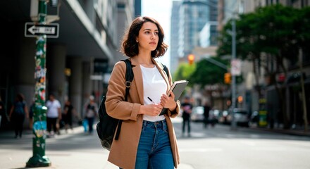 Fototapeta premium Smiling young businesswoman with shopping bags walking on the urban city street