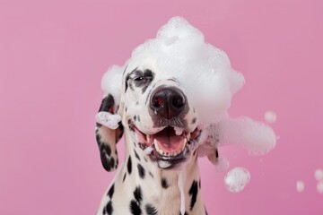 Happy Dalmatian dog with soap bubbles on head against pink background