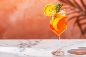 Citrus spritz cocktail with lemon and orange slices on marble table