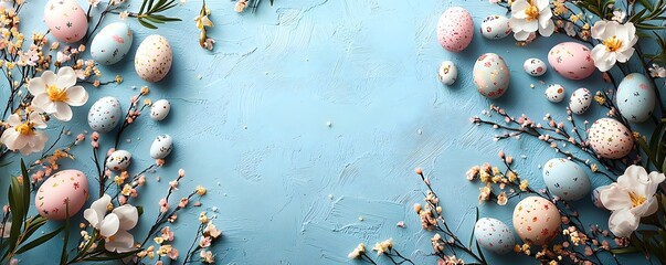 An Easter themed springtime background with decorative eggs and floral arrangements  long title A minimal pastel colored background featuring
