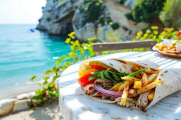 Greek-style wrap with fries and vegetables on marble table by the sea