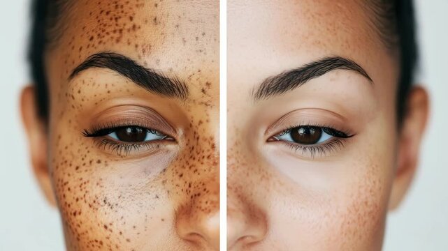 A split face portrait of a woman showcasing a dramatic before and after transformation from a skin treatment, highlighting noticeable improvements in complexion and texture