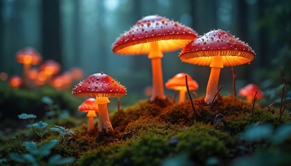 Fototapeta premium Enchanted forest scene with glowing mushrooms. Red caps with white spots against green moss. Magical light illuminates fantasy woodland, creating whimsical atmosphere. Fairytale illustration, dream,