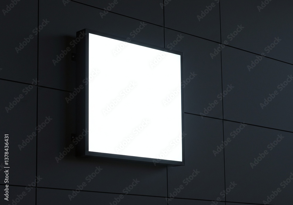 Poster a square illuminated sign affixed to a textured dark surface, ideal for displaying messages or brand