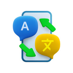 Vector cartoon 3d translation service app concept. Realistic 3d speech bubbles with english and Chinese language translation signs and arrows on smartphone screen. Translate message dialog icon.